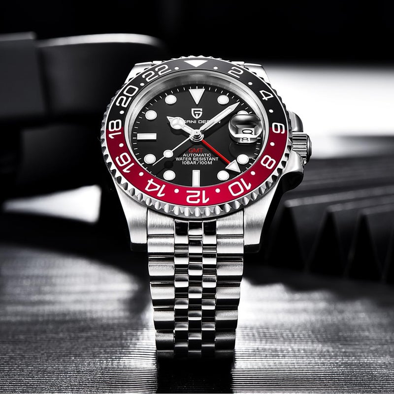 PAGANI DESIGN ساعة باجاني ديزاين أوتوماتيكية ميكانيكية للرجال GMT - مقاومة للماء حتى 100م مع إطار سيراميك وأيدي مضيئة (يوبيل-أسود أحمر) - Image 4